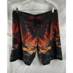 Distortion Men's Size XL Black Orange Americana Palm Sunset Swim Board Shorts